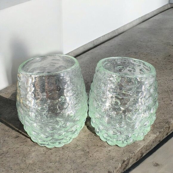 Hand Blown Stemless Drinking Cups Tumbler Set 2 Recycle Glass Green Tint Glasses - Picture 3 of 16